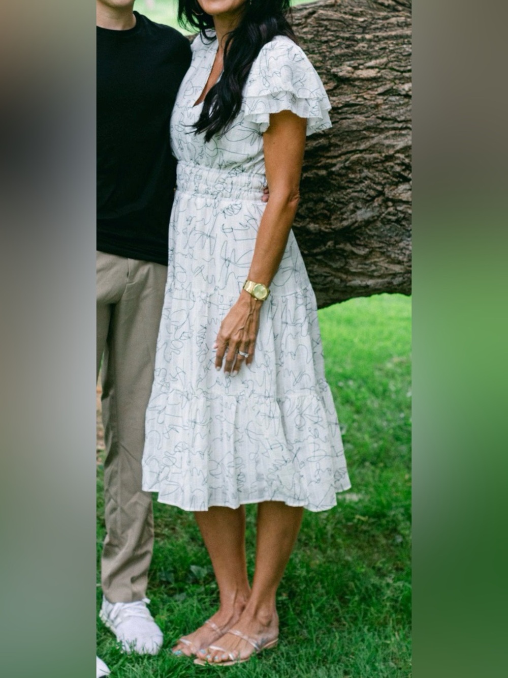 White Abstract-Print Tiered Midi dress